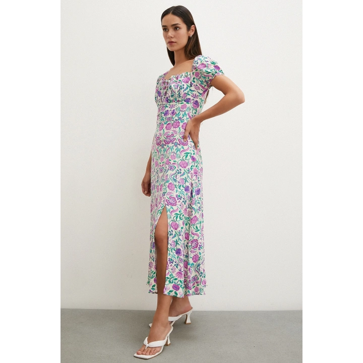 Önü Bağcıklı Madonna Viskon Elbise Lila