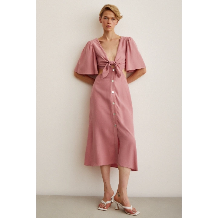 Önü Bağlamalı Balon Omuz Elbise Gül Kurusu