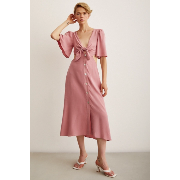 Önü Bağlamalı Balon Omuz Elbise Gül Kurusu