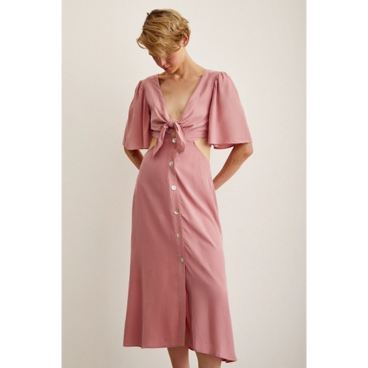 Önü Bağlamalı Balon Omuz Elbise Gül Kurusu