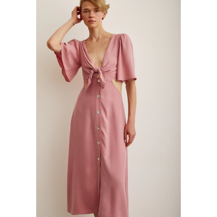 Önü Bağlamalı Balon Omuz Elbise Gül Kurusu