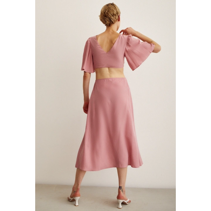 Önü Bağlamalı Balon Omuz Elbise Gül Kurusu