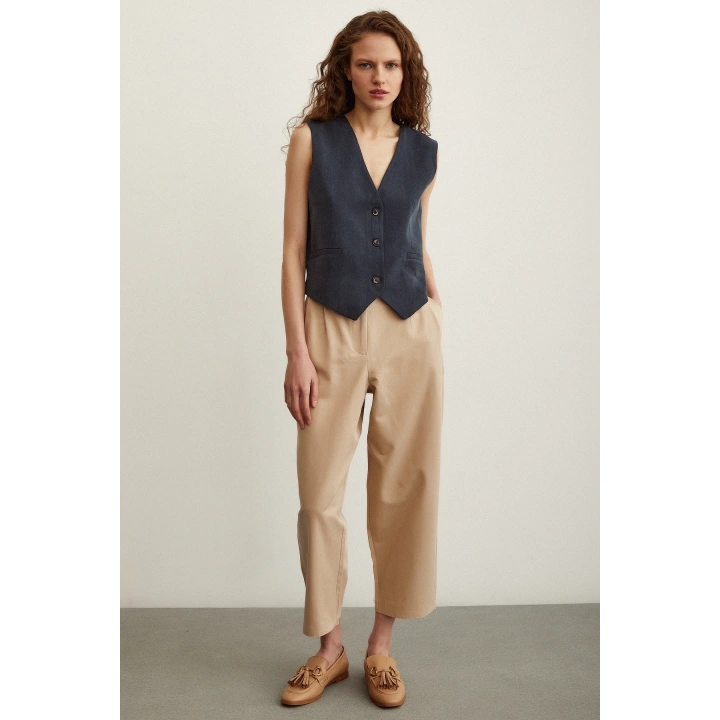 Önü Çift Pileli Pantolon Bej