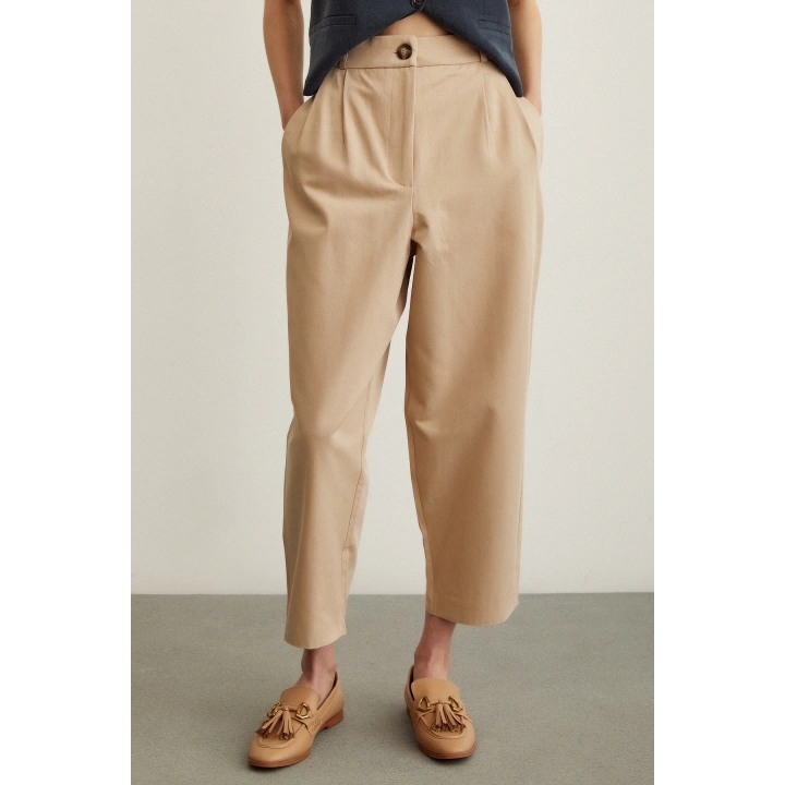 Önü Çift Pileli Pantolon Bej