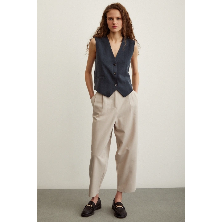 Önü Çift Pileli Pantolon Taş