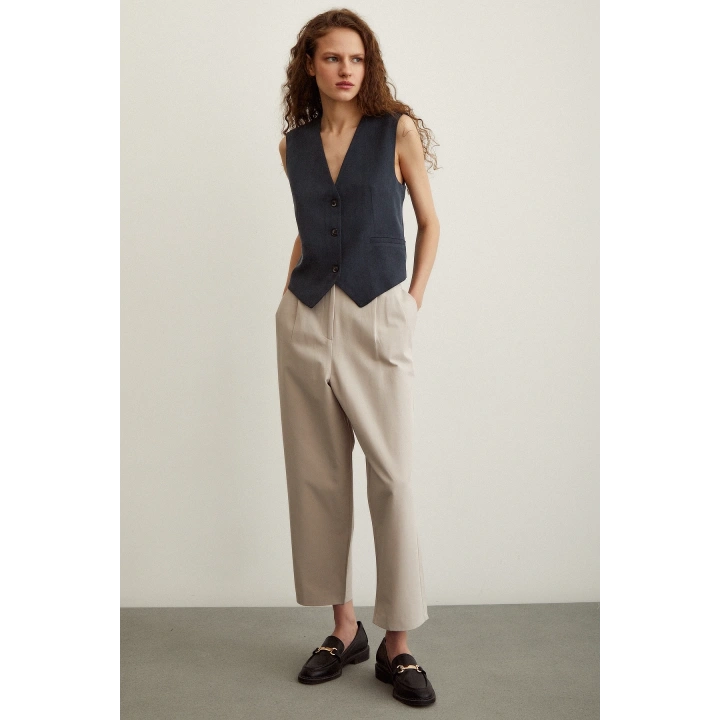 Önü Çift Pileli Pantolon Taş