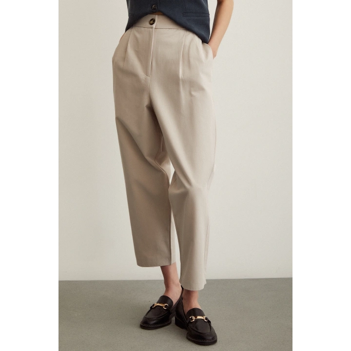 Önü Çift Pileli Pantolon Taş