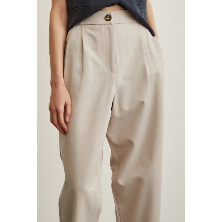 Önü Çift Pileli Pantolon Taş