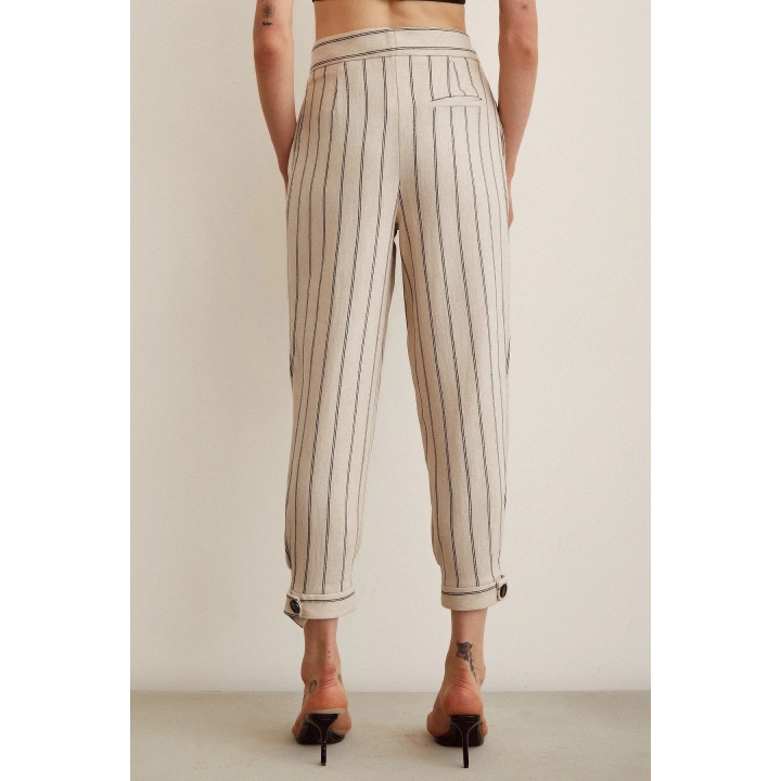 Önü Düğmeli Çizgili Pantolon Çizgili Ekru