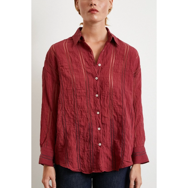 Organze Çizgili Gömlek Bordo