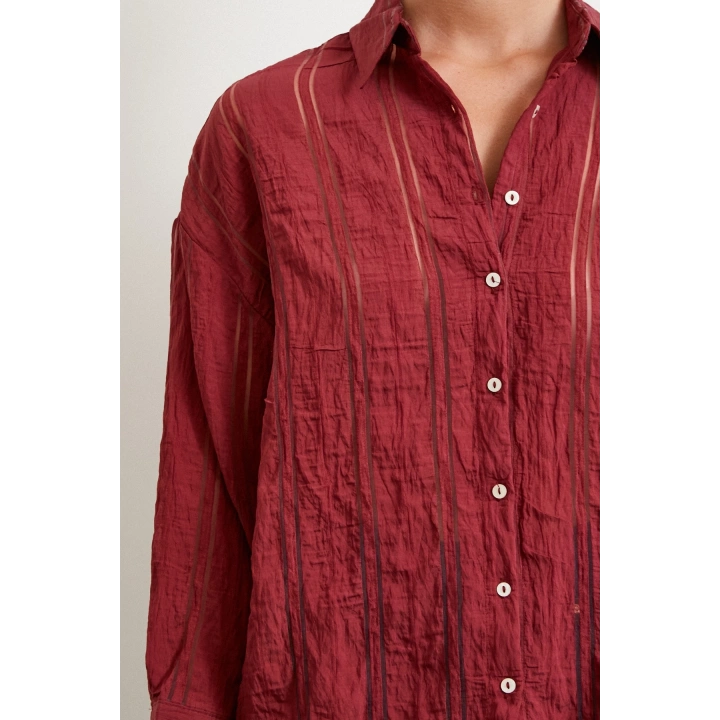 Organze Çizgili Gömlek Bordo