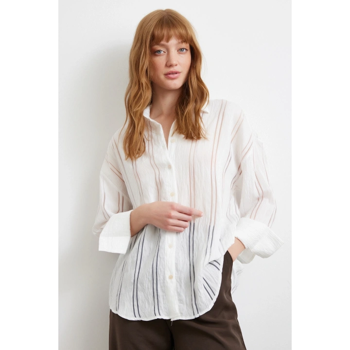 Organze Çizgili Gömlek Ekru