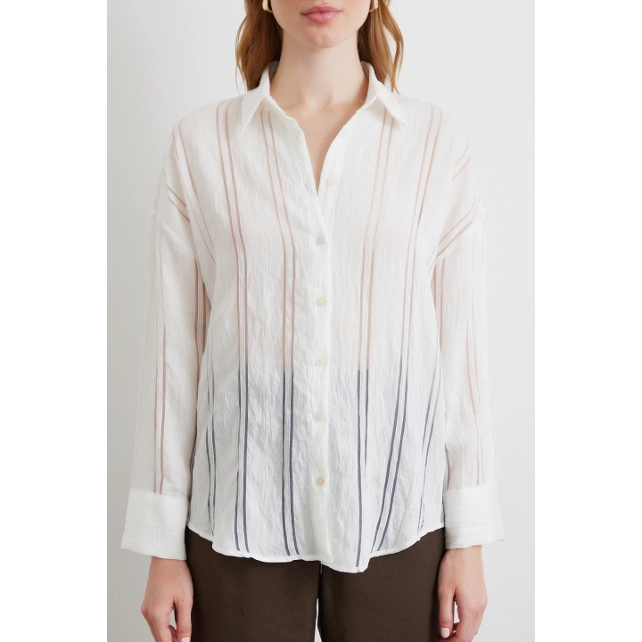 Organze Çizgili Gömlek Ekru