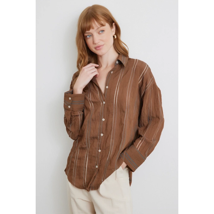 Organze Çizgili Gömlek Kahve