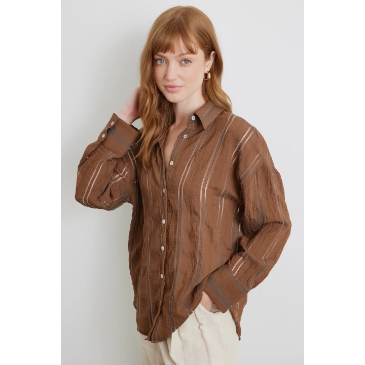 Organze Çizgili Gömlek Kahve