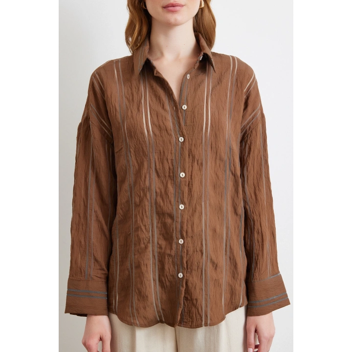 Organze Çizgili Gömlek Kahve