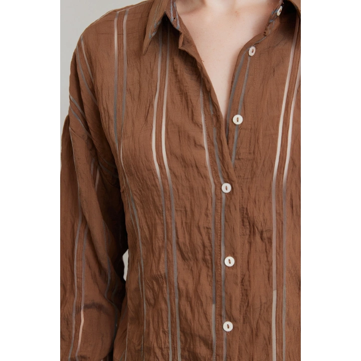 Organze Çizgili Gömlek Kahve