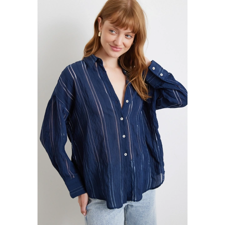 Organze Çizgili Gömlek Lacivert