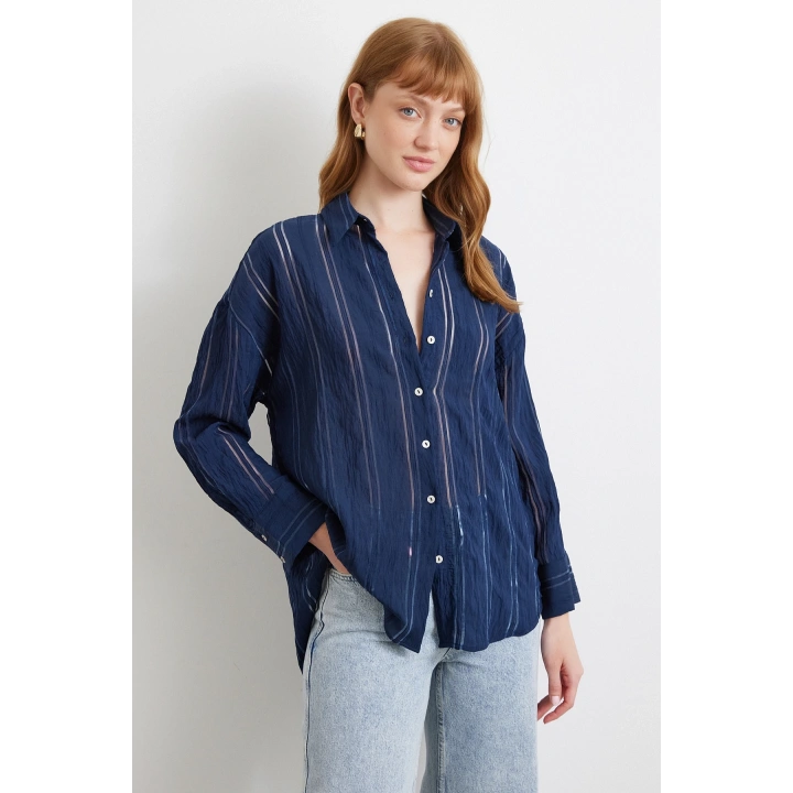 Organze Çizgili Gömlek Lacivert