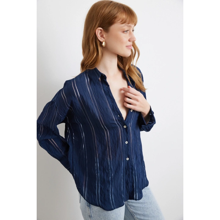 Organze Çizgili Gömlek Lacivert