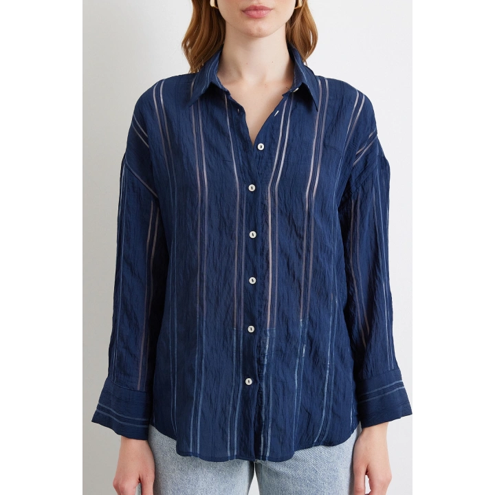Organze Çizgili Gömlek Lacivert