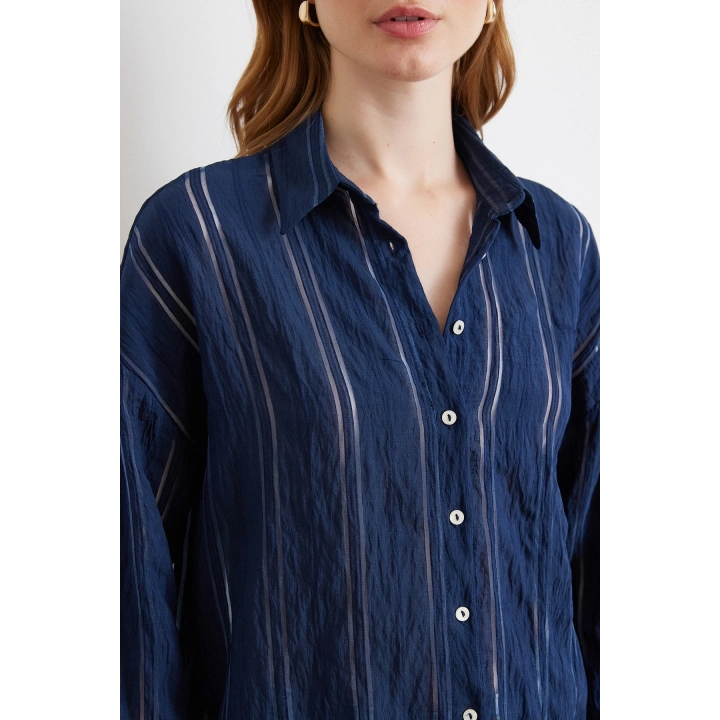 Organze Çizgili Gömlek Lacivert