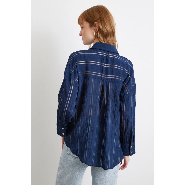 Organze Çizgili Gömlek Lacivert