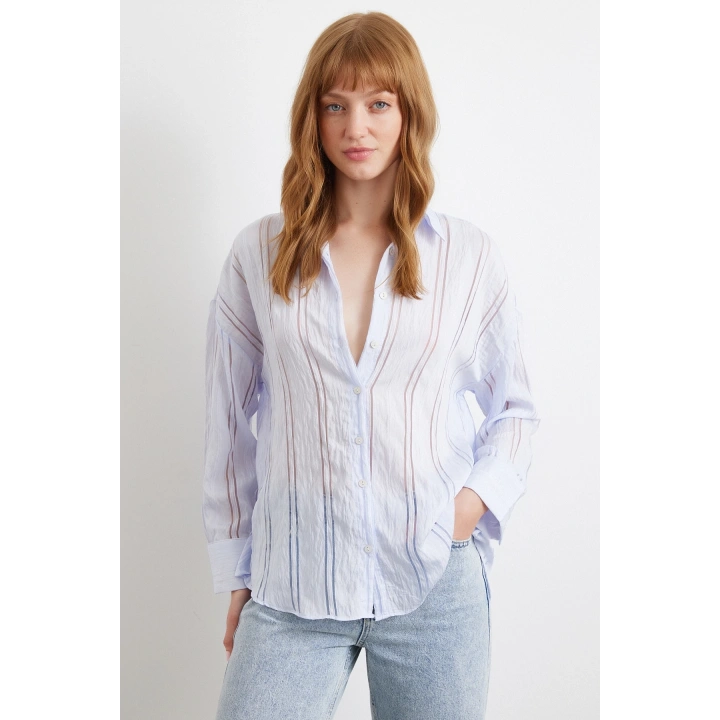Organze Çizgili Gömlek Mavi