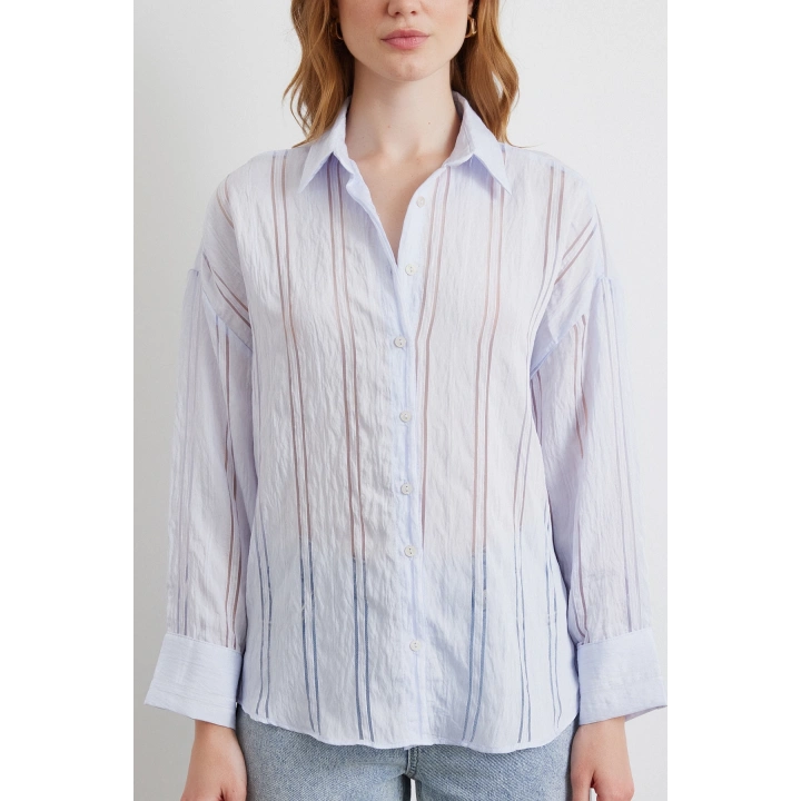 Organze Çizgili Gömlek Mavi