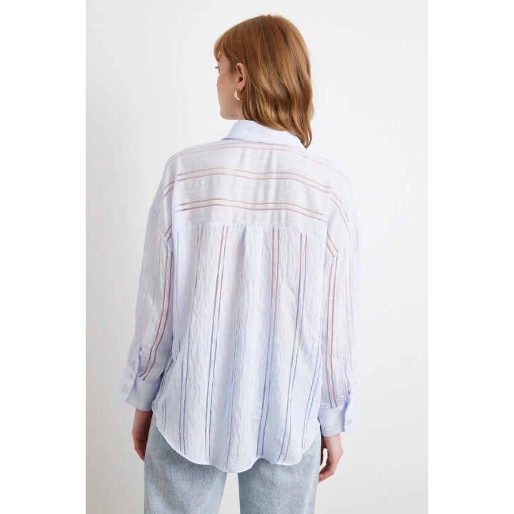 Organze Çizgili Gömlek Mavi