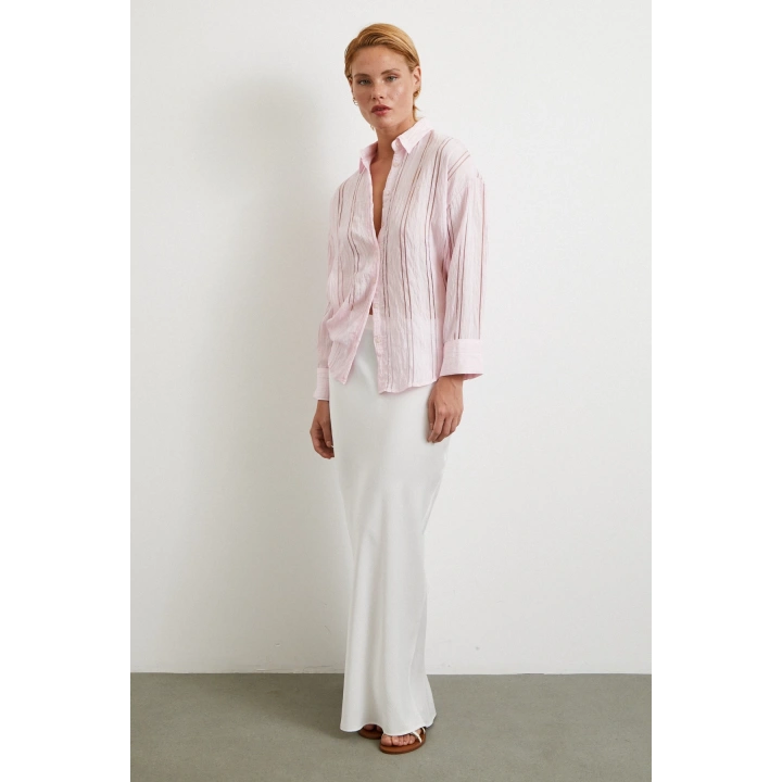Organze Çizgili Gömlek Pembe