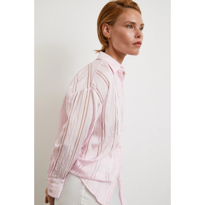 Organze Çizgili Gömlek Pembe
