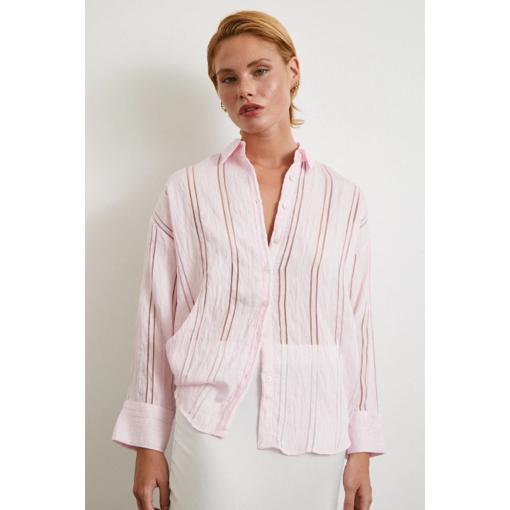 Organze Çizgili Gömlek Pembe