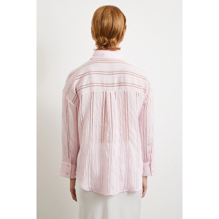 Organze Çizgili Gömlek Pembe