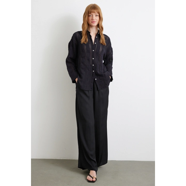 Organze Çizgili Gömlek Siyah