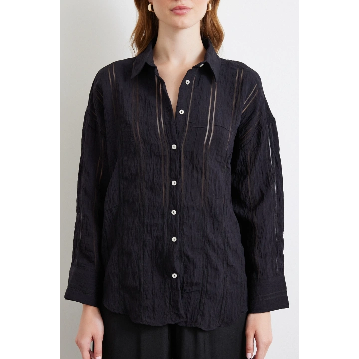 Organze Çizgili Gömlek Siyah