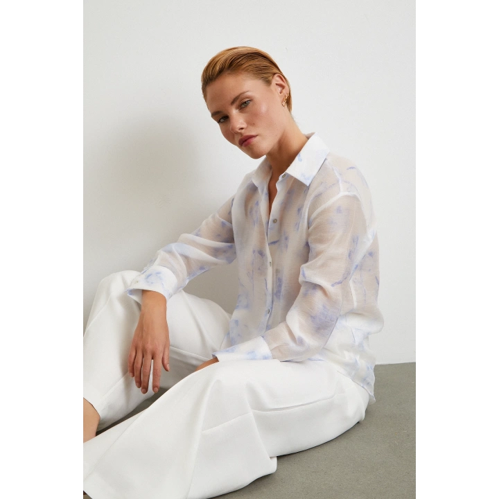 Organze Desenli Tül Gömlek Mavi