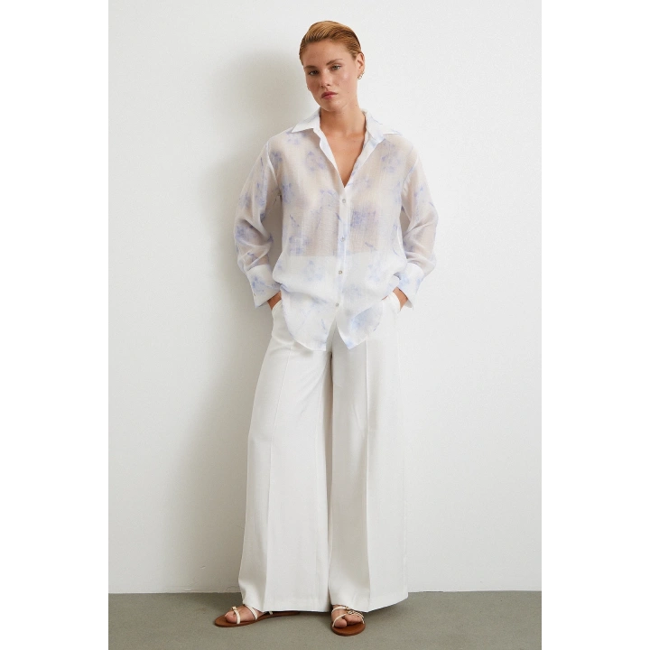 Organze Desenli Tül Gömlek Mavi