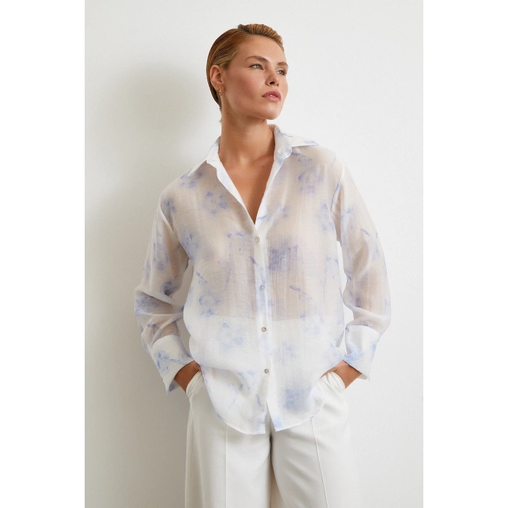 Organze Desenli Tül Gömlek Mavi