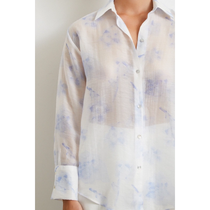 Organze Desenli Tül Gömlek Mavi