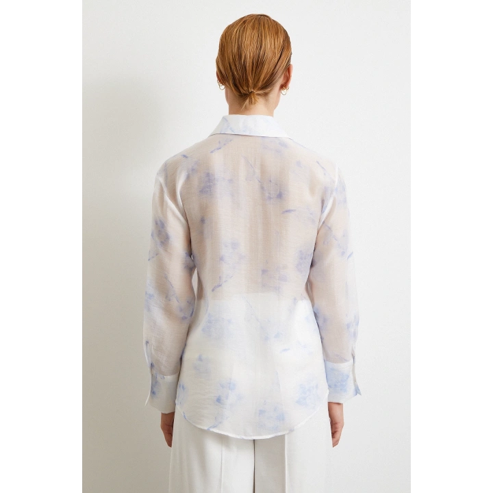 Organze Desenli Tül Gömlek Mavi