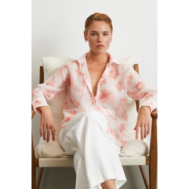 Organze Desenli Tül Gömlek Pembe