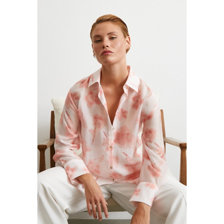 Organze Desenli Tül Gömlek Pembe