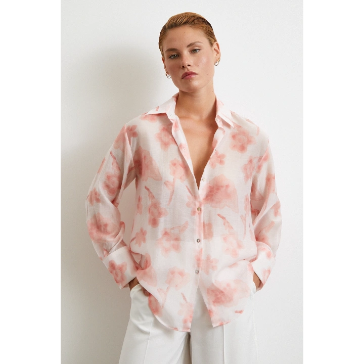 Organze Desenli Tül Gömlek Pembe