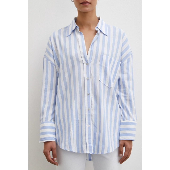 Oversize Cepli Keten Gömlek Mavi