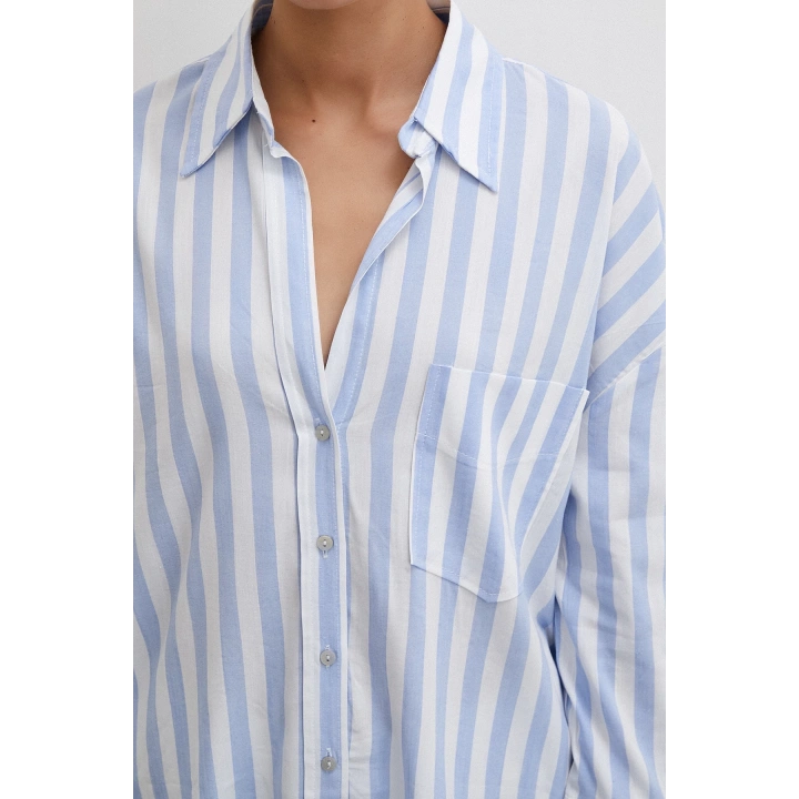 Oversize Cepli Keten Gömlek Mavi