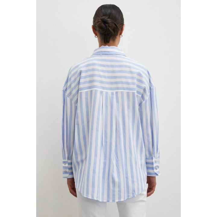 Oversize Cepli Keten Gömlek Mavi