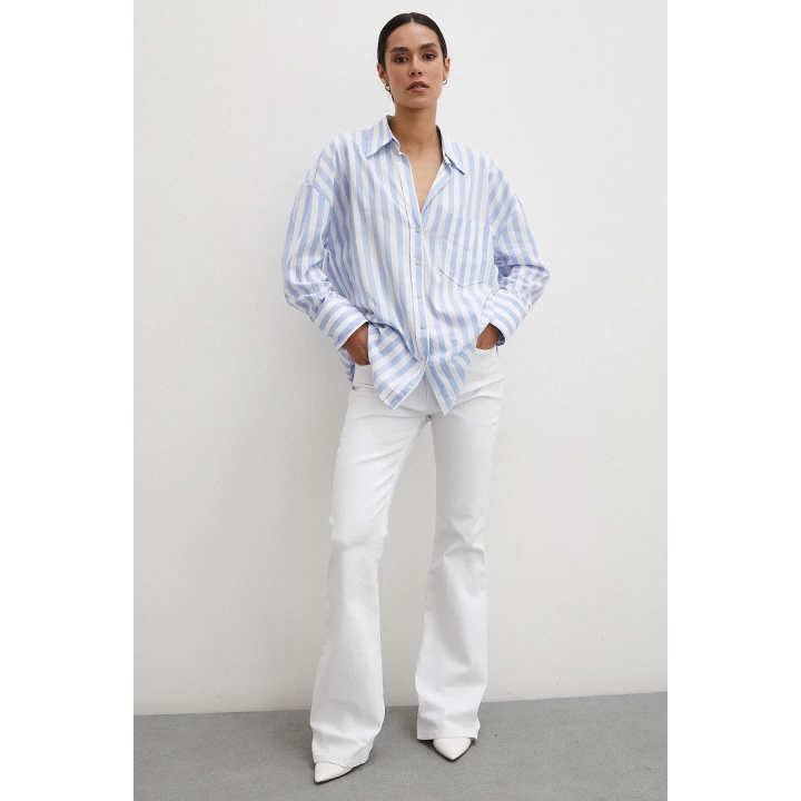 Oversize Cepli Keten Gömlek Mavi