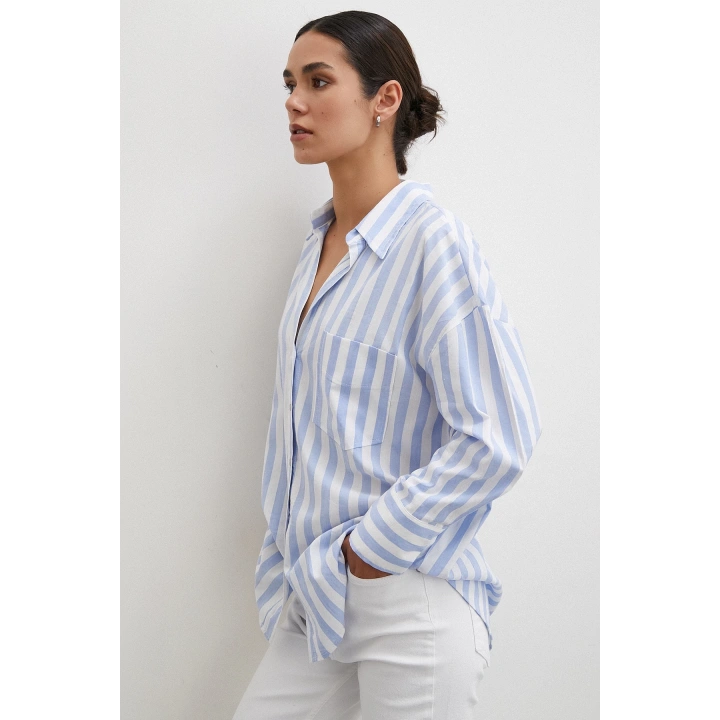 Oversize Cepli Keten Gömlek Mavi