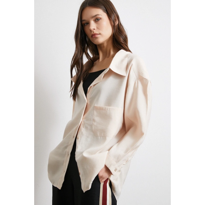 Oversize Cepli Modal Gömlek Bej